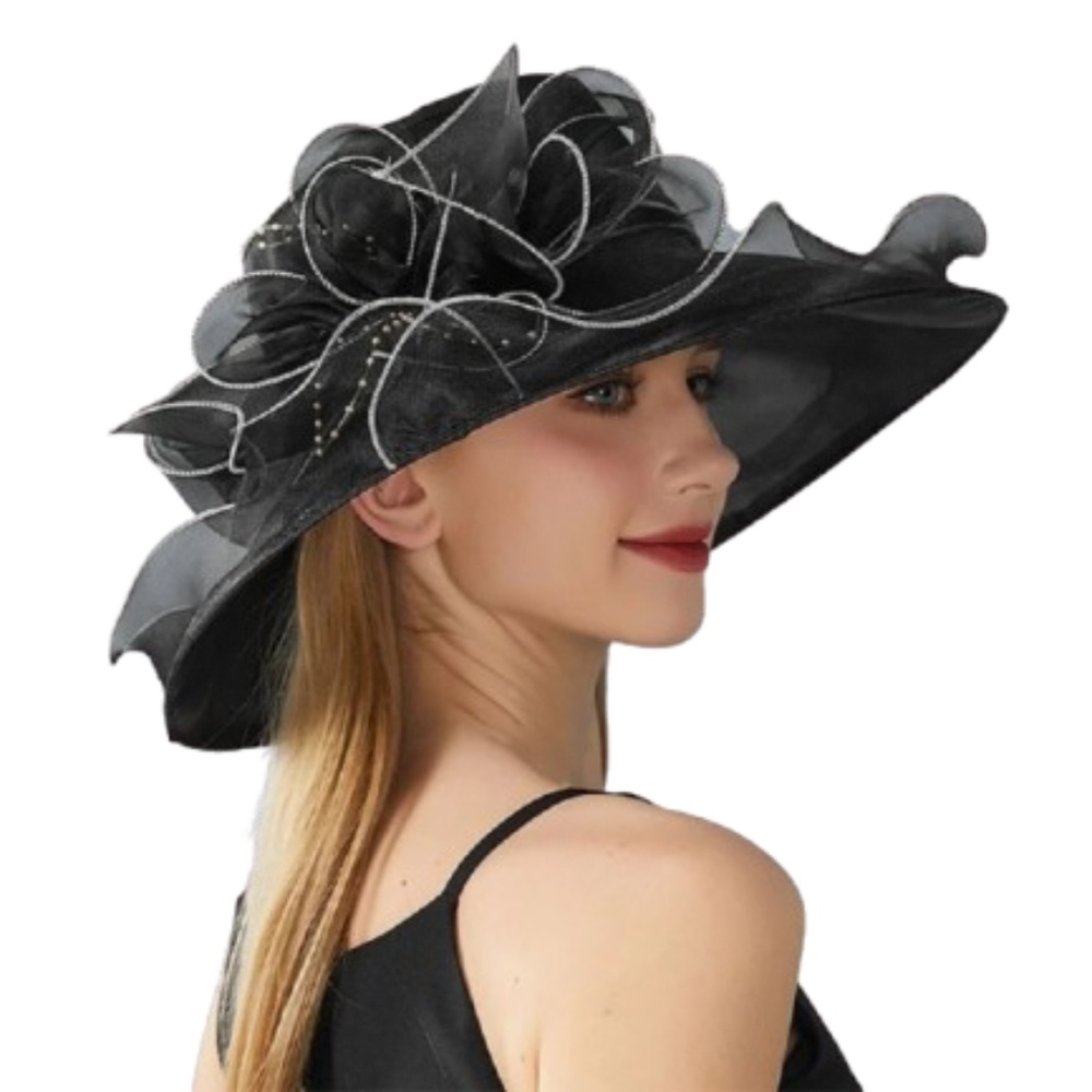 Elegant Black Wide-Brim Floral Organza Hat - Women's Formal Dress Hat